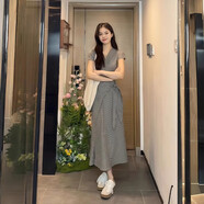 木清清2025夏季新款交叉綁帶V領(lǐng)短袖連衣裙法式氣質(zhì)收腰長裙 格子5.9 S 80-90斤