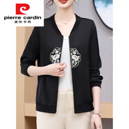 皮爾卡丹（pierre cardin）女士秋薄款刺繡短外套時(shí)尚洋氣緞面夾克衫國(guó)風(fēng)休閑百搭長(zhǎng)袖上衣 黑色 2402 XL 建議85-105斤