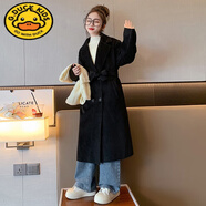G.DUCKKIDS童裝女童毛呢外套2025新款大童女裝秋裝雙面妮子大衣兒童長(zhǎng)款風(fēng)衣 黑色【23252腰帶款】 尺碼偏大半 140 cm
