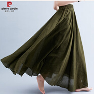 皮爾卡丹（pierre cardin）夏新款森女文藝大碼棉麻半身裙松緊腰亞麻大擺長款純色民族風裙子 軍綠 M 85C(建議90-140斤)