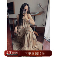 三吉黑花【墨花染】女夏季2024新款中式系帶風(fēng)情萬(wàn)種抽褶吊帶裙 淺米黃 現(xiàn)貨 S