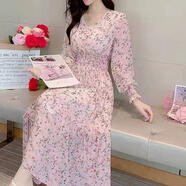 漫佩甜美小清新碎花時(shí)尚連衣裙女春秋季新款長袖氣質(zhì)收腰中長款無花邊 853#粉紅色 M 建議體重：80-98