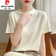 皮爾卡丹（pierre cardin）高品質(zhì)絲光棉小半高領(lǐng)恤短t袖女純色寬松百搭純.棉半t袖體恤上衣 淺杏色 M