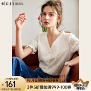Olrain歐芮兒白色V領(lǐng)短袖襯衫女夏季寬松泡泡袖重工刺繡蕾絲衫襯衣女 白色 L