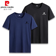 皮爾卡丹【兩件裝】T恤男夏季純色圓領(lǐng)套頭衫短袖男士潮牌彈力冰絲速干薄 霧霾藍+黑色 XL