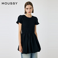 moussy 2025甜美可愛荷葉邊袖口抽褶收腰短款連衣裙010IS233-9661 020黑色 S