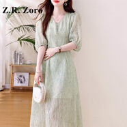 Z.R.Zoro奢侈品連衣裙女2025夏季新款時尚優(yōu)雅氣質(zhì)裙顯瘦繡花雪紡連衣裙女 綠色 M