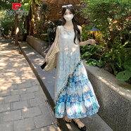 皮爾卡丹波西米亞不規則吊帶連衣裙女夏民族風(fēng)多巴胺明媚海邊度假長(cháng)裙套裝 藍花半身裙 L