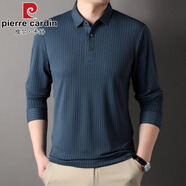 皮爾卡丹（pierre cardin）春秋季肌理紋褶皺無痕長袖T恤男豎條紋polo衫商務(wù)翻領(lǐng)休閑打底衫 深藍(lán)色 M 165