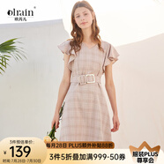 Olrain歐芮兒女裝格子連衣裙中長款西裝領(lǐng)雪紡女法式復(fù)古裙赫本風(fēng)桔梗裙 粉格 9XLB15819 S 155/80A
