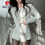 皮爾卡丹（pierre cardin）韓國chic氣質(zhì)小香風(fēng)圓領(lǐng)珍珠單排扣短外套+高腰粗花呢闊腿短褲女 白色 均碼