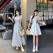 夕薇美2025年大碼夢境花落法式方領(lǐng)蕾絲高腰連衣裙女夏溫柔風(fēng)碎花 短裙 2XL