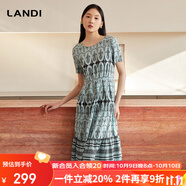 藍(lán)地（LANDI）波西米亞風(fēng)印花復(fù)古連衣裙女短袖收腰中長裙夏新品 葉綠色 S