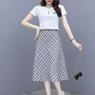 休閑套裝女高級(jí)感年輕時(shí)尚淑女半身裙套裝女夏季新款時(shí)尚小個(gè)子減 白色+黑色裙子 M