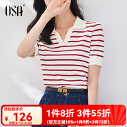 歐莎（OSA）條紋polo領(lǐng)針織衫短袖女高端夏季冰絲薄款休閑百搭顯瘦上衣 紅色 XL