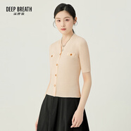 深呼吸DEEP BREATH女裝V領(lǐng)裝飾扣短袖純羊毛針織衫女A301210 杏 XL (5)