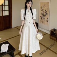真即新中式復古套裝盤扣短袖襯衫女夏季高腰a字裙半身裙中國風兩件套 杏色裙子  M 建議90-100斤