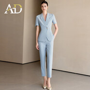 AD藍(lán)色短袖西裝套裝女高級(jí)感2025新款工作服小個(gè)子通勤西裝夏 淺藍(lán)色西裝+褲子 S