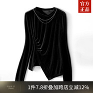 ZXEGI品牌女裝打底衫女春秋純色圓領(lǐng)鏈條修飾側(cè)開叉絲絨上衣內(nèi)搭可外穿 黑色 L