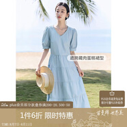 茵曼（INMAN）夏季法式花邊女裝V領(lǐng)連衣裙小清新甜美風(fēng)泡泡袖長(zhǎng)裙子 淺水藍(lán) M