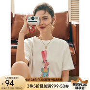 Olrain歐芮兒法式正肩短袖T恤女夏季寬松釘珠印花設(shè)計(jì)感體恤上衣 米白色 S