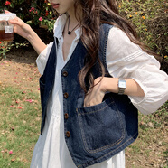 樂卡利牛仔馬甲背心女學(xué)生馬夾開衫外套甜美小個(gè)子疊穿襯衫配白色連衣裙 牛仔馬甲背心 L （130斤內(nèi)）