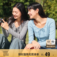 森馬長袖t恤女短款蝴蝶結(jié)緊身針織衫內(nèi)搭大圓領上衣109124101005