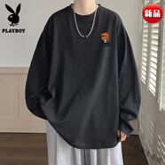 花花公子（PLAYBOY）高端100%純棉長袖T恤男秋季新款青少年港風(fēng)寬松內(nèi)搭印花圓領(lǐng)上衣 特價撿漏-黑色 胸前套頭男孩(長 S