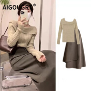 AIGOUGRT連衣裙女春秋季2025年新款韓版氣質(zhì)毛衣裙子兩件套裝女秋天衣服 兩件套 S