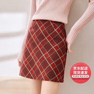 凡琴毛呢紅格子裙休閑百搭復(fù)古小個(gè)子包臀裙 434Q72399 紅色格子 M