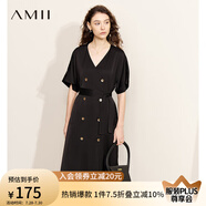 AMII2025夏極簡輕奢緞面V領(lǐng)雙排扣微彈中長配腰帶連衣裙女 黑色 165/88A/L