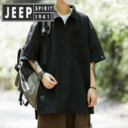 JEEP SPIRIT吉普日系冰絲防水半拉鏈短袖恤男夏寬松休閑涼感體恤 黑色 M