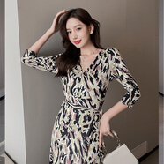 帛雷斯諾裹裙一片式連衣裙春夏連衣長(cháng)裙韓版氣質(zhì)V領(lǐng)修身開(kāi)衫綁帶七分袖打 3265豹紋 2XL 均碼