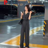 皮爾卡丹（pierre cardin）2025春夏新款高腰氣質(zhì)時(shí)尚V領(lǐng)長(zhǎng)袖連體褲女裝休閑寬松闊腿長(zhǎng)褲子 藏藍(lán)色連體褲【送腰帶】 S 【建議 80-95斤】