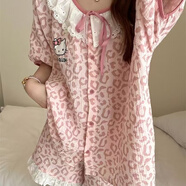 優(yōu)詩(shī)菲凱蒂貓睡衣女夏季短袖2023新款卡通可愛(ài)學(xué)生棉開衫家居服套裝 4299#花邊豹紋KT貓 L 100-120斤