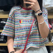 樂(lè )雅秀美式復古拼色套裝女短袖T恤女夏季寬松原宿風(fēng)休閑百搭半身裙兩件 條紋 T恤【單件】 M