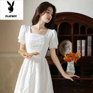 花花公子法式小眾夏季方領(lǐng)雪紡連衣裙氣質(zhì)名媛提花顯瘦感小白裙子女連衣裙 白色 M 96-106斤