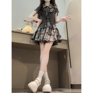 閨哲夏季新款辣妹學(xué)院風(fēng)polo領(lǐng)格紋連衣裙女+灰色收腰針織開(kāi)衫兩件套 【套裝】格紋連衣裙+木耳邊防曬 XL