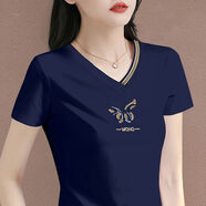 幻黛（HUANDAI）短袖t恤女夏季女裝新款年打底衫品牌純色女士短袖繡花V領(lǐng)t恤 寶藍(lán) XL 【建議110-120斤】