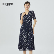 深呼吸DEEP BREATH女裝V領中長高腰泡泡袖收腰碎花連衣裙A500197 藏藍-白點 M (3碼)
