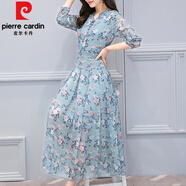 皮爾卡丹（pierre cardin）藍色雪紡碎花長(cháng)袖連衣裙2025新款女早春秋款高檔品牌媽媽秋季裙子 藍色 M 104斤以下