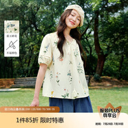 茵曼（INMAN）法式碎花系帶流蘇圓領(lǐng)襯衫夏季女裝度假風泡泡袖襯衣 杏色-襯衫 S