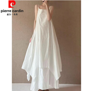 皮爾卡丹（pierre cardin）無袖棉麻連衣裙法式設(shè)計(jì)感雙層大擺吊帶裙女夏季不規(guī)則飄逸裙子 白色 【高-質(zhì)-量版】 L 【建議90-110斤】