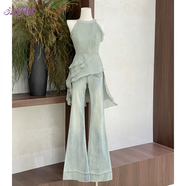 法舒琳夏季薄荷曼波風(fēng)套裝女2025新款小香風(fēng)不規(guī)則無(wú)袖上衣牛仔褲兩件套 單件牛仔褲 S 【建議80-95斤】
