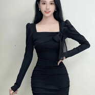 許我耀眼趙露思同款法式長(cháng)袖系帶高級蝴蝶結腰顯褶皺修身顯瘦短裙 黑色 M  100-109斤