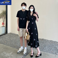 籬人歸赫本風(fēng)情侶裝夏裝法式長(cháng)裙不一樣短袖t恤度假套裝高級感一裙一衣 黑色女款連衣裙+黑色男款T恤 M 女+男XL