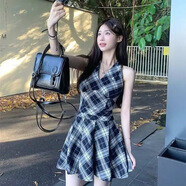 妙奕嘉掛脖黑色連衣裙女裙子夏季2025新款女裝小個(gè)子顯瘦純欲無(wú)袖夏天 黑白格子v領(lǐng)背心裙 M 【建議95斤內(nèi)】
