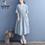 啄木鳥棉麻刺繡短袖連衣裙女中國(guó)風(fēng)2025夏季抽繩斜襟文藝復(fù)古寬松連衣裙 青藍(lán)#左肩襟刺繡抽繩連衣裙 M