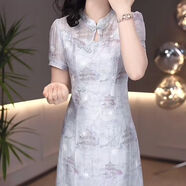 代勒2025夏季新款五一年輕媽媽日常減齡旗袍印花顯高顯瘦連衣裙 天藍色 XL 建議115-125斤