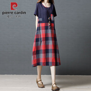 皮爾卡丹（pierre cardin）夏裝新款韓版大碼文藝寬松短袖中長(cháng)款A字裙格子拼接棉麻連衣裙 紅格 XL 【131-145斤】